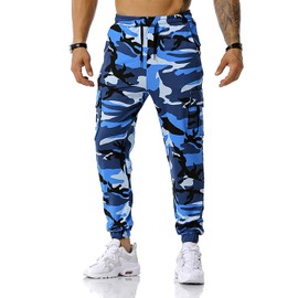 GRAJTCIN Men's Sweat Camo Cargo Joggers Pants Athletic Training Pants Casual Trousers for Men Drawstring Polyester Exercise Pants with Elastic Waist Blue M