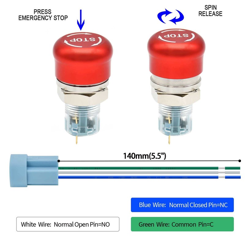 16mm /0.63" Latching Emergency Stop Push Button Switch SPDT Mushroom