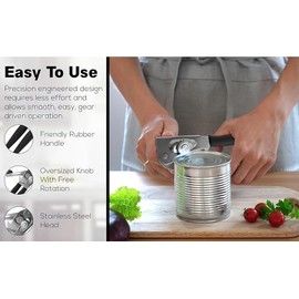 Crank Handle Commercial Can Opener - Heavy Duty Manual Can Opener - Ergonomic Cushioned Handle - Stainless Steel Blade - Black