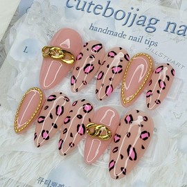 Indie Pink Leopard Handmade Nail Tips - Oval M / 인디핑크 레오파드 수제네일팁 - 오벌M