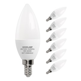 GOHDLAMP E12 LED Bulbs 60W Equivalent, 5W Non-Dimmable B11 Candelabra Bulbs, 4000K Cool White, 760 Lumens, Pack of 6 for Kitchen & Task Lighting