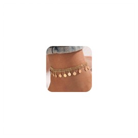 Fesciory Women Heart Anklet Adjustable Beach Layered Ankle Bracelets for Women Gold Alloy Foot Chain Jewelry (3 Layered Disc)