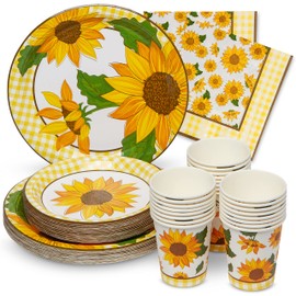 ROYAL BLUEBONNET Sunflower Party Supplies - Set of 24, 9'' Dinner Plates, 7'' Salad/Dessert Plates, 8 oz Cups, 3-ply Napkins, Yellow, Food Safe, Disposable, 400 GSM