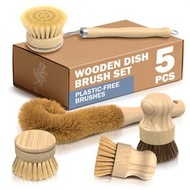 5 Pcs Bamboo Dish Brush Set – Bamboo Dish Scrubber with Soft & Stiff Non-Scratch Bristles, Ergonomic Handle, Replacement Head Included – Lightweight Kitchen Scrubber for Pots, Bottles & Vegetables