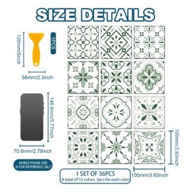 CHGCRAFT 36 Pcs 12 Styles Gray-Green Sticker Geometric Pattern Peel and Stick Wall Tile Moroccan Waterproof Self Adhesive Stick on Tile Decals for Kitchen Bathroom Decor with Scraper 4×4 Inch