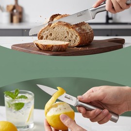 Silver Kitchen Knife Set of 5 - Satin Finish Blade & Hollow Handle, Includes 8" Chef, 8" Bread, 8" Santoku, 5" Utility & 3.5" Paring Knife!