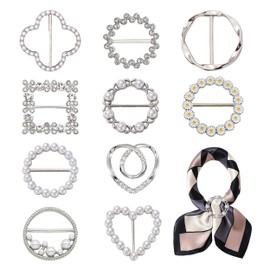 JIEYUMAO Scarf Ring Clip, 10Pcs T-Shirt Tie Clips, 10 Styles Silk Scarf Clasp Clips for Women, Fashion Metal Round Circle Clip Silver T-Shirt Clips for Scarf Tshirt Dress Clothes