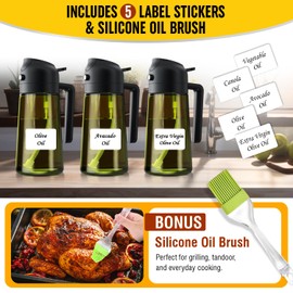 JANNELE 2 in 1 Oil Dispenser and Oil Sprayer - 16oz/470ml Oil Dispenser for Kitchen Olive Oil Sprayer for Cooking with Stickers & Oil Brush - Olive Oil Dispenser Bottle for Kitchen (Green)