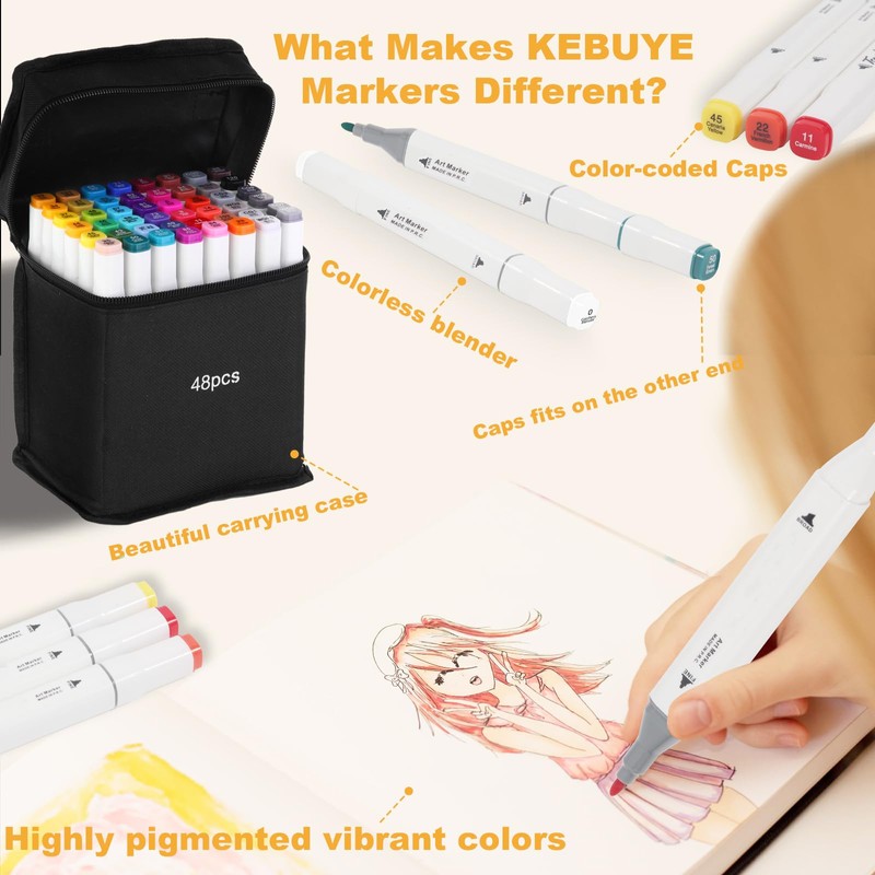 Kebuye Alcohol Marker 48 Colours, Alcohol Marker Pens Set, Twin