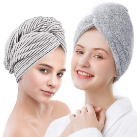 ELLEWIN Bamboo Hair Towel Wrap 2 Pack, Microfiber Hair Drying Shower Turban with Buttons,Super Absorbent Quick Dry Hair Towels for Curly Long Thick Hair, Rapid Dry Head Towel Wrap for Women Anti Frizz