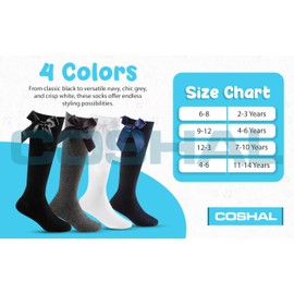 COSHAL® 3 Girls Knee High School Cotton Socks with Fluffy Ribbons Bow Back to School Sock's Uniform Party Wear Comfort Fit Long Socks Stocking Girls Knee High Kids School Sock Size (6-8) Grey KHB