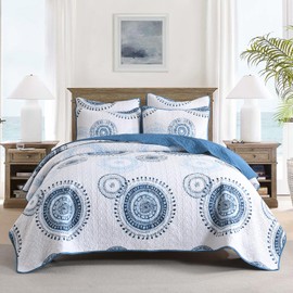 HORIMOTE HOME Boho Style King Quilt Set Blue Bohemian Floral Quilt Beddding Set, Soft and Lightweight Bedspread for All Season, Oversize King Bed Coverlet with 2 Matching Pillow Shams (3 Pieces)