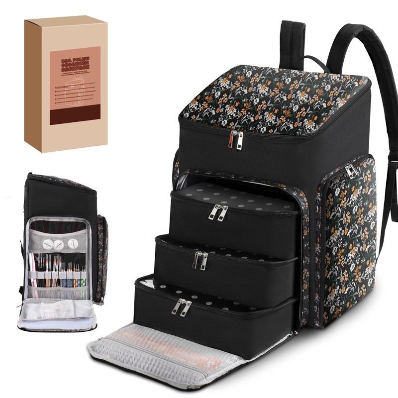 Floral Pattern Nail Polish Storage Backpack, Large Capacity Organizer Case