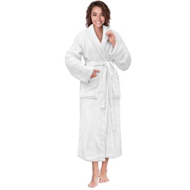 PAVILIA White Women Robe Fleece Plush Soft, Fluffy Fuzzy Cozy Warm Lightweight Bathrobe, Shower Spa House Long Robe for Women, S/M