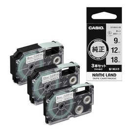 Casio Label Writer Nameland 3-Piece Set of 3, 0.45, 0.5, 0.75, 0.7 inches (9 mm), 0.55 inches (12 mm), 0.7 inches (18 mm), Clear Tape, Black Character