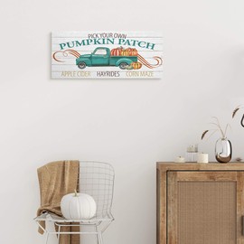 Stupell Industries Turquoise Truck Autumn Harvest Pumpkin Patch Sign, Designed by Kim Allen Canvas Wall Art, 10 x 24, Off-White