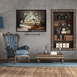 Vintage Books and White Flowers Canvas Wall Art, Cottagecore Light Academia Floral Painting, Antique Book Still Life Print for Bedroom Living Room Study Library Wall Decor 1624 in Unframed