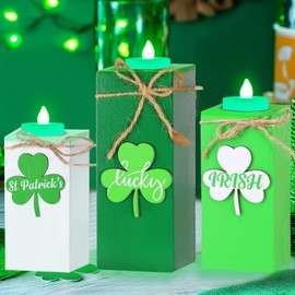 3 Pack St. Patrick's Day Tea Light Candles Wooden Clover Candlesticks Holders with Shamrock Design Battery Operated Flameless Candles for St. Patricks Day Decorations Home Table Centerpiece Decor