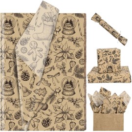 Bolsome 100 Sheets Christmas Tissue Paper for Gift Wrapping Kraft Gingerbread Man Candy Cane Pine Cone Poinsettia Printed Tissue Paper for Gift Bags for Winter Holidays Christmas Party DIY Craft, 20 × 14 Inches