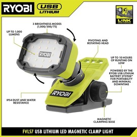 RYOBI USB Lithium Magnetic Clamp Light Kit with 2.0 Ah Battery and Charging Cable
