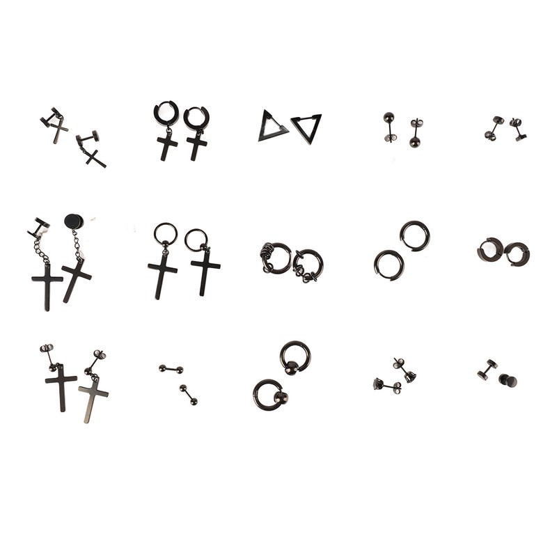 15 Pairs Earrings Set Black Stainless Steel Ear Studs Men