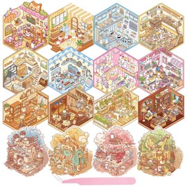 DIY 3D House Stickers, 16 Sets DIY Sticker Therapy, Make Your Own Mini Cute House Shop Sticker Scene, Cartoon Scene Stickers for Adult Kids Relief Stress and Pass The Time