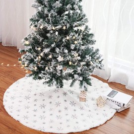Christmas Tree Skirt, 48 inches Large Snowflake Sequins Faux Fur Double Layer Xmas Tree Rug Ornaments, Thick Plush Tree Base Mat Holiday Christmas Party Decor (Sliver Snowflake Skirt)