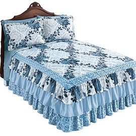 Collections Etc Navy Rose Floral Medallion Printed Tiered Ruffled Bedspread for Full Bed, 110" x 94", Full