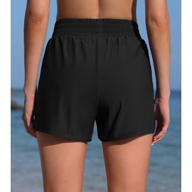 Charmo Swimming Shorts Women's Swimming Shorts High Waist Swimming Trunks Women Summer Bikini Shorts Short Board Shorts with Inner Slip Pockets, black, L