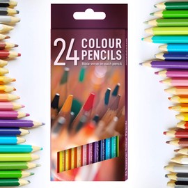 Pack of Christian colouring pencils, 24 colours, with 4 different Bible verses used across the pencils, one on each pencil. Perfect Christian gifts for women or children, by Just Cards Direct