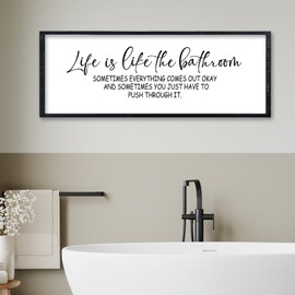 comurdyo Life Is Like The Bathroom Funny Wall Decor Art 32"×12" for Bathroom Restroom Toilet Shelves Sign Large Wooden Framed Wall Hanging (Black)