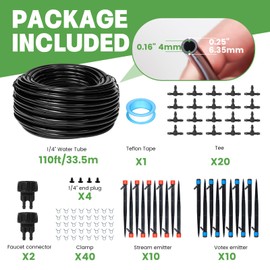 Maotong 110ft Drip Irrigation System Kit, Garden Watering System DIY Automatic Irrigation Equipment Set for Lawn Raised Bed Greenhouse Plant Watering with 1/4'' Tubing, Drip Emitters, Connectors