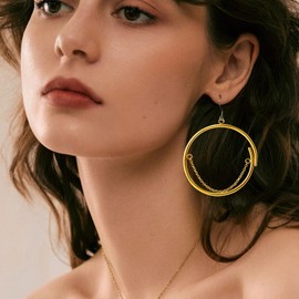 TGNEL Pure Titanium Dangle Earrings Chain Circle Drop Earrings Gold Plated, Large Titanium Hoop Earrings for Women Sensitive Ears