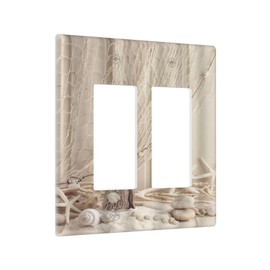 Nautical Coastal Double Rocker Light Switch Cover Seashell Fishing Net Ocean Lighthouse Starfish 2 Gang Outlet Wall Plate Decorative GFCI Switchplate Electrical Faceplate Beach Theme Decor