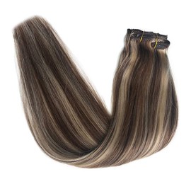 Blayage Clip in/on Hair Extensions Double Weft Brazilian Hair 22" 120g Ombre Chestnut Brown and Bleach Blond Highlighted Straight Soft Thick Hair Dip Dyed Full Head for Women