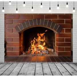CORFOTO Brick Wall Fireplace Backdrop Fabric 5x3ft Fake Fireplace Picture Firewood Warm Fire Christmas Background for Winter Xmas Photo Props Christmas Wall Decorations Camping Poster Banner