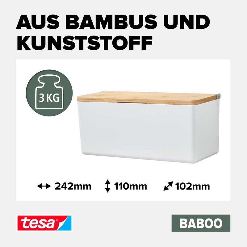 tesa Baboo Bathroom Organiser M with Bamboo Lid, Matt White