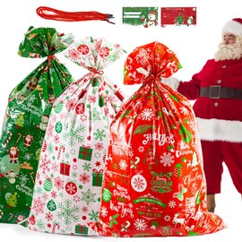 3Pcs Jumbo Christmas Sacks Extra Large Christmas Giant Gift Bags 36x56" Xmas Huge Wrapping Sacks Oversized Big Toy Bags Giant Gift Bag for Presents Xmas Sacks Large with Gift Tags & Tie Party Favors