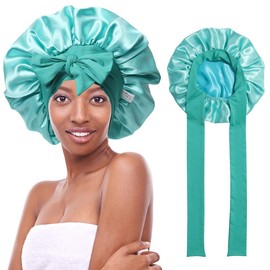 AWAYTR Satin Bonnet Silk Like Bonnets for Sleeping Sleep Cap Double Layer Haircare Bonnet with Elastic Tie Band for Curly Hair Night Cap Pink:_Blue + Green
