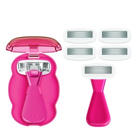 Athena Club Women's Mini Travel Razor Shave Kit, 1 Mini Travel Razor Handle + 5 Blade Refills, Super Pink