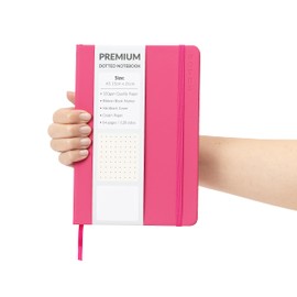 Bullet Journal A5 Dotted Notebook with Faux Leather Hardback Cover and Premium 120gsm Thick Dot Grid Paper (128 Cream Pages, Cerise)