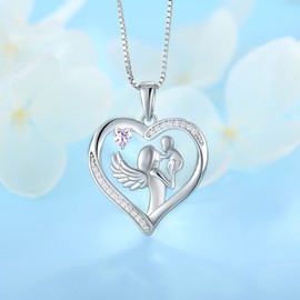 FJ Heart Mum Necklace 925 Sterling Silver Guardian Angel Necklace with June Birthstone Alexandrite Jewelry Gifts for Women Mother