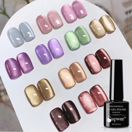 Magnetic Gel Nail Polish - 12 Colors Moonlight Cat Eye Gel Nail Polish with Magnetic Stick Cateye Gel Polish Soak Off UV LED Nail Lamp Nail Art Manicure Salon Valentine's Day Gift for Women Glitter Glue Cutics