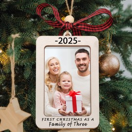 Christmas Ornaments Picture Frames Wood First Christmas As A Family of Three Photo Frames Ornament 2025 Baby 1st Xmas Ornaments New Parents Gifts for Couples Mom Dad Girls Boys Xmas Tree Decor
