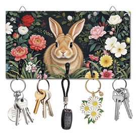 DELORIGIN Retro Rabbit and Flowers Key Holder Key Hooks Wall Mounted Wooden Key Racks with 5 Hooks Key Storage Organizer House Key Hanger for Wall Decor Door Entryway Hallway Kitchen New Home Gift