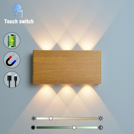 2 Pcs LED Magnetic Wall Sconce Lights,5000mAh Wireless Bedside Wall Light USB Rechargeable Reading Wall Lamp,3 Lighting Colors And Dimmable Battery Operated Wall Sconces (Wood color, 2 pcs)
