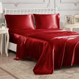 Juliette LeBlanc New York Silky Satin Sheet Set - Luxury Red Bedding - Smooth Satin Sheets - Twin XL Size
