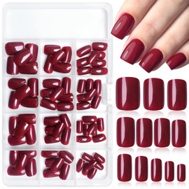 LoveOurHome 240pc Square Press on Nails Short Fake Nails Glue on Nail Short Red Acrylic Nails Press ons Nail Tips Full Cover False Nail Square Artificial Fingernail & Adhesive Tabs for Women Girls