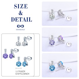 INFINIONLY Women's and Girls' Earrings, 925 Sterling Silver Earrings, 3 Bridge Claw Setting Single Diamond Earrings, Simple Colourful Zirconia Stud Earrings, Multi-sided Cutting, Sterling Silver,