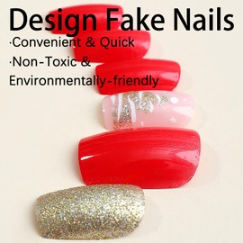 Christmas Press on Nails Medium Square Winter Fake Nails Red Full Cover Xmas Tree False Nails with Designs Gold Glitter Glossy Glue on Nails Acrylic Nails Manicure Artificial Nails for Women Girls
